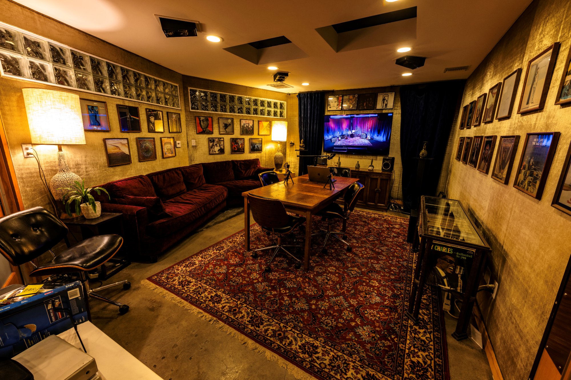 Studio G green room with velvet couch and album art walls — Berkeley Street Studios