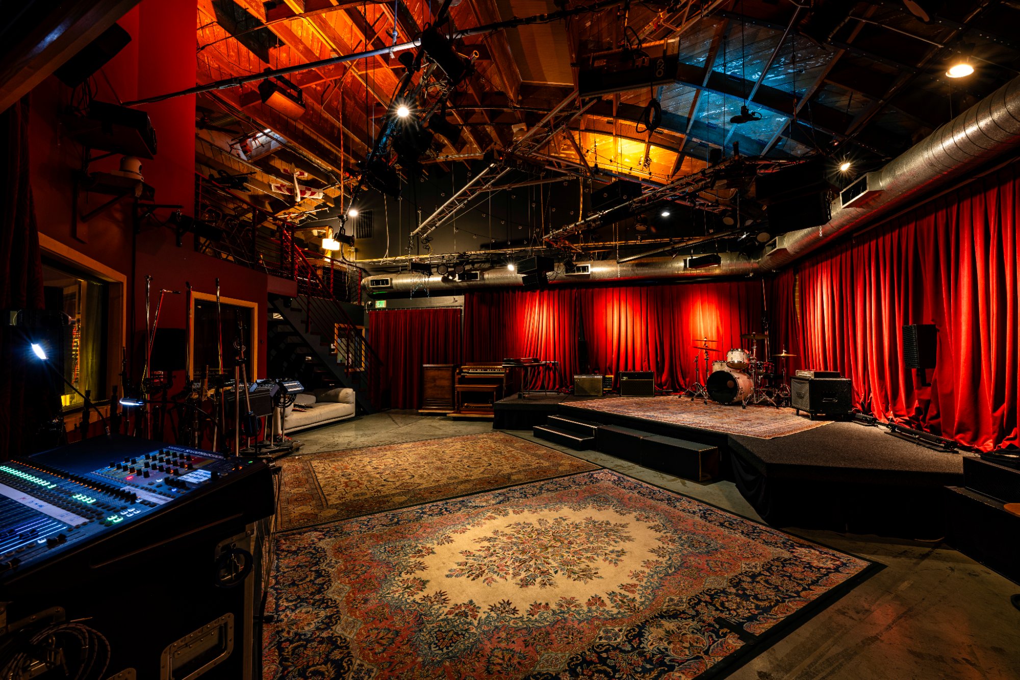 Studio A Live Room lit for an immersive Dolby Atmos performance at Clearmountain's Berkeley Street Studios Santa Monica