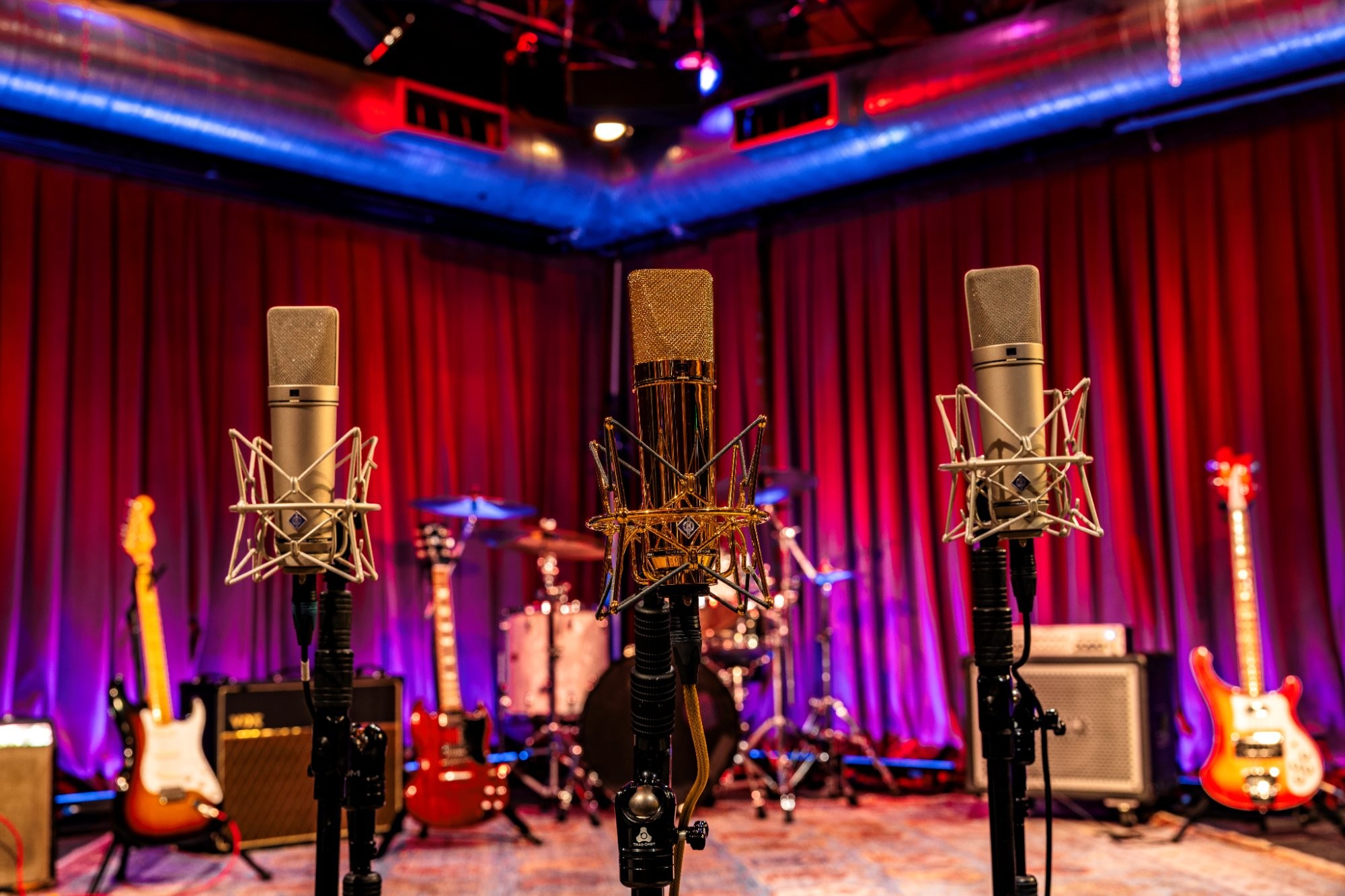 Professional studio microphones on stage at Berkeley Street Studios Santa Monica