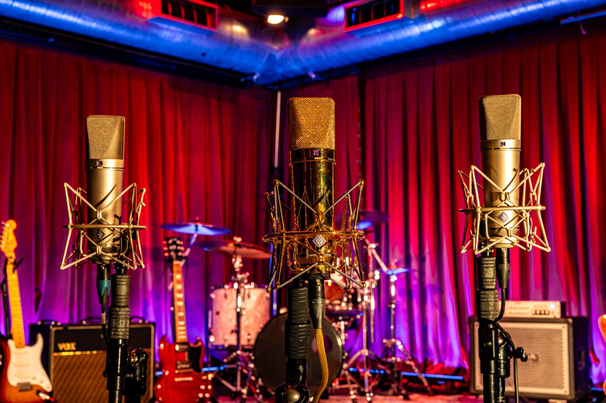 Three Neumann microphones on stage at Berkeley Street Studios recording session