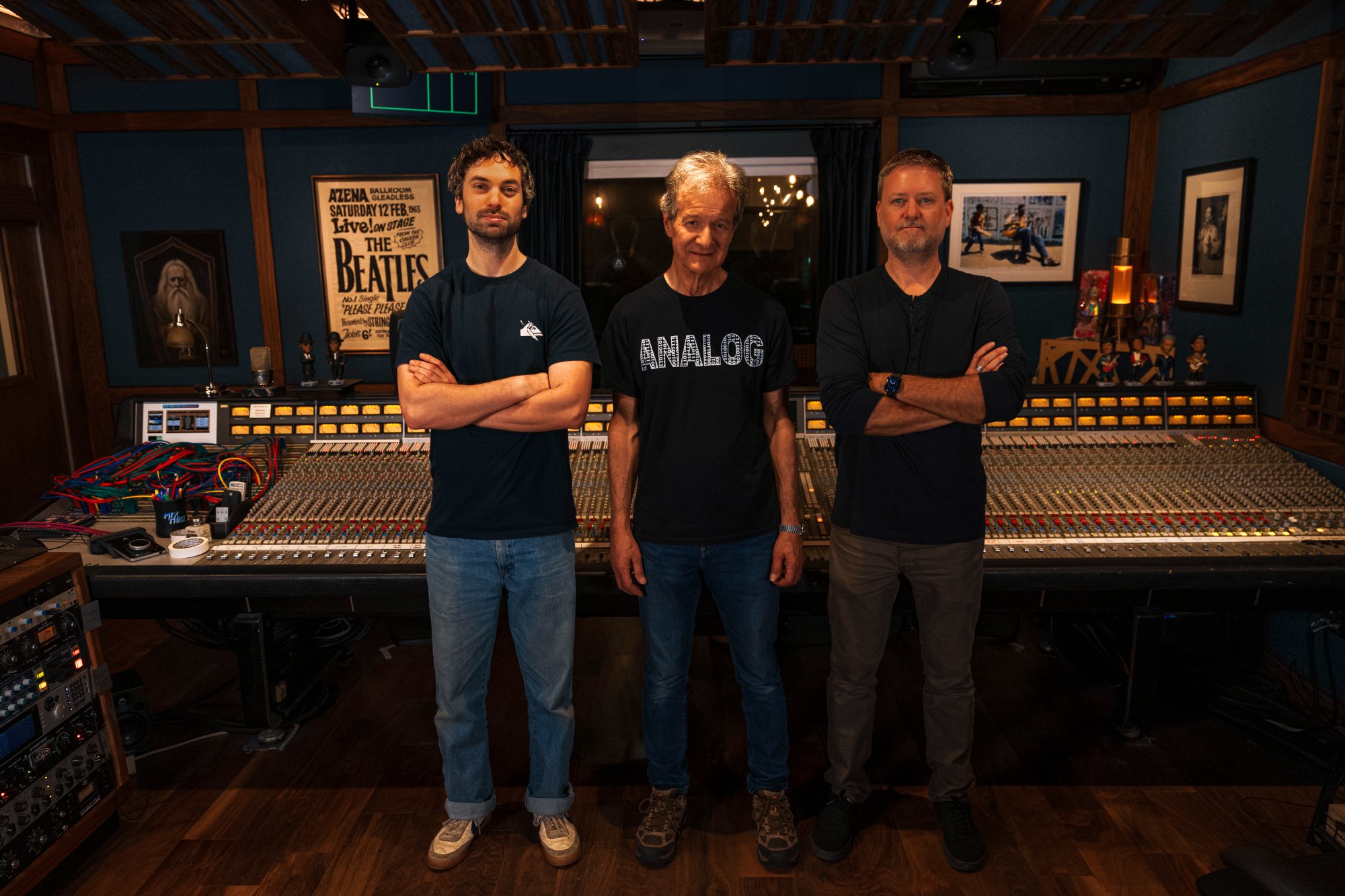 The engineering team at Berkeley Street Studios in front of the Neve console — Santa Monica